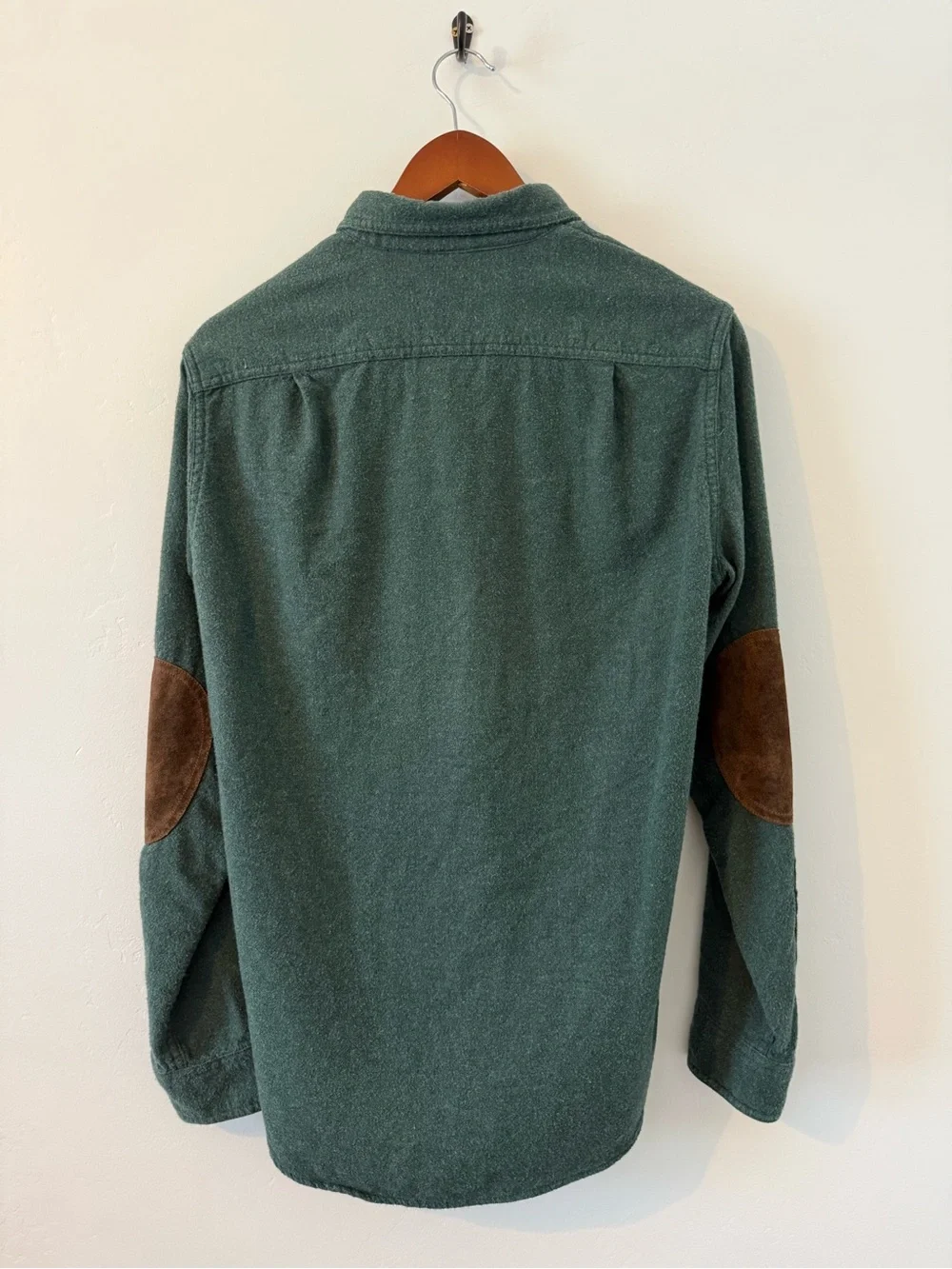 J. Crew Wool Green Button-Down Shirt with Brown Elbow Patches - Men’s S